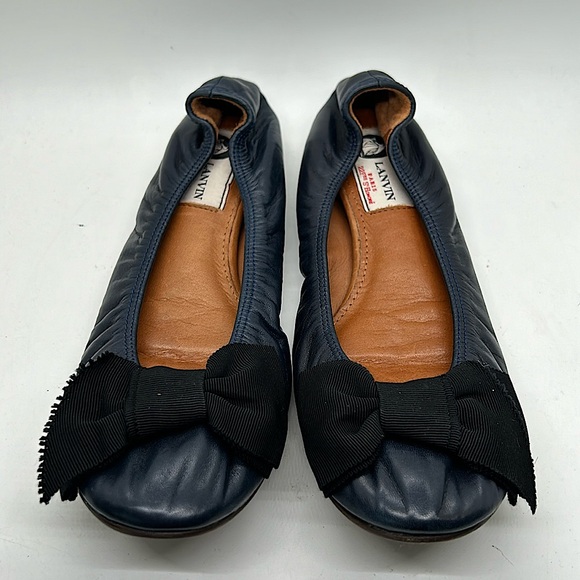 Lanvin Paris Navy Blue Leather Black Bow Ballet Flats Shoes **Size 37.5/US 5.5** - Picture 2 of 7